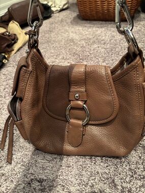 Brown Leather Shoulder Bag with Ring Accent